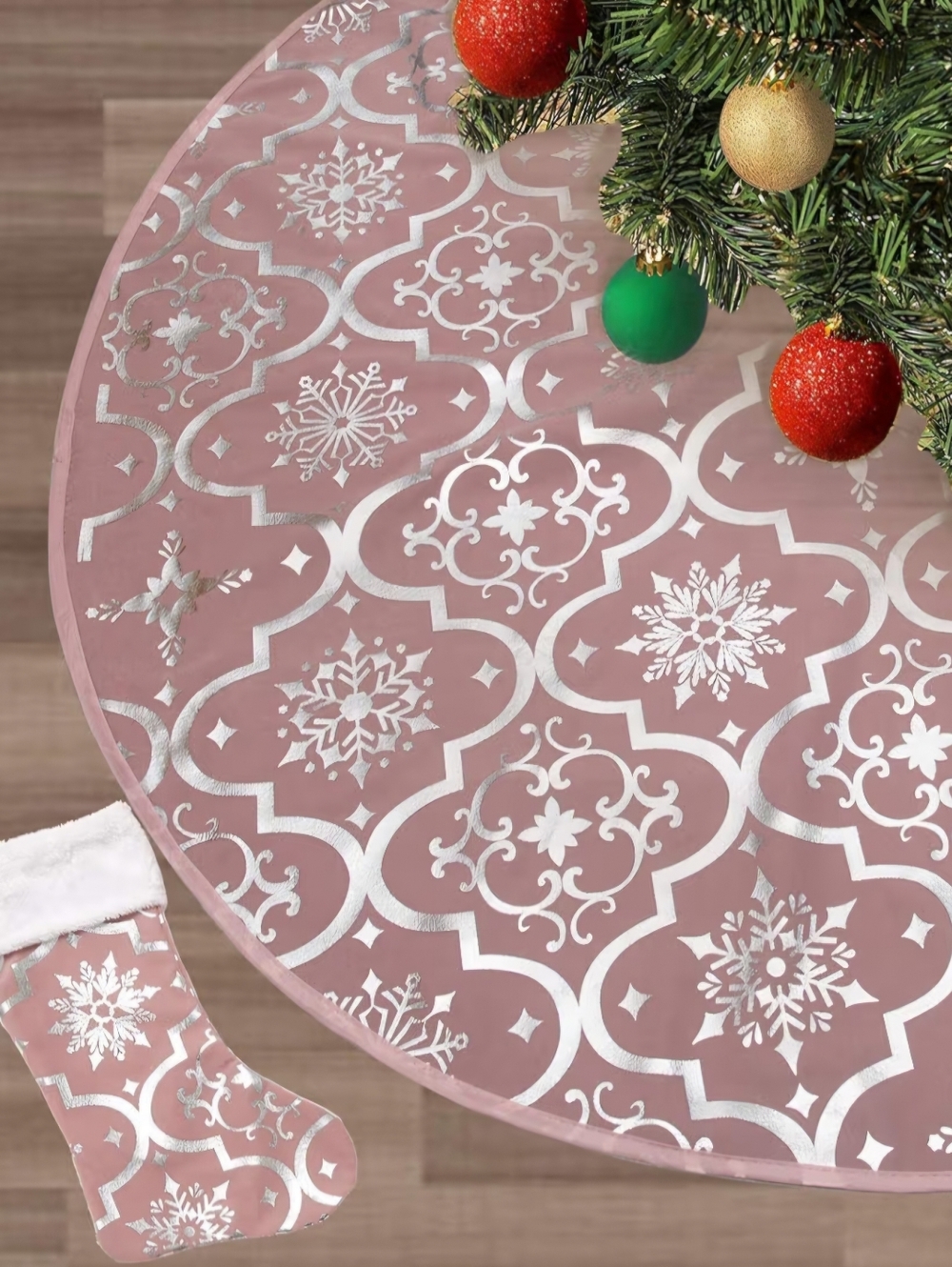 Rose Pink Metallic Snowflake Slim Tree  Skirt and Stocking Set 36 Inch New